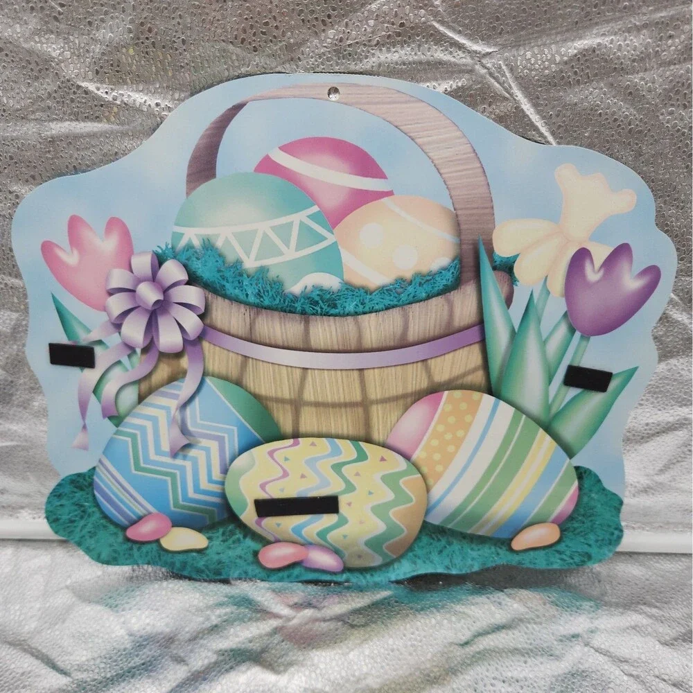 Die Cut Easter Cutout Decorations Colored Eggs Tulips Basket Bows Ribbon VTG 70s